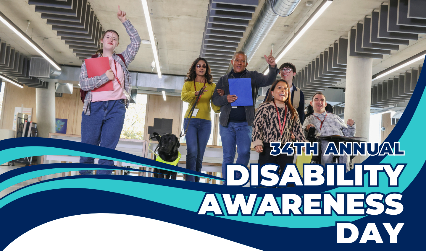 Photo of a diverse group of people with disabilities, over the words: 34th Annual Disability Awareness Day