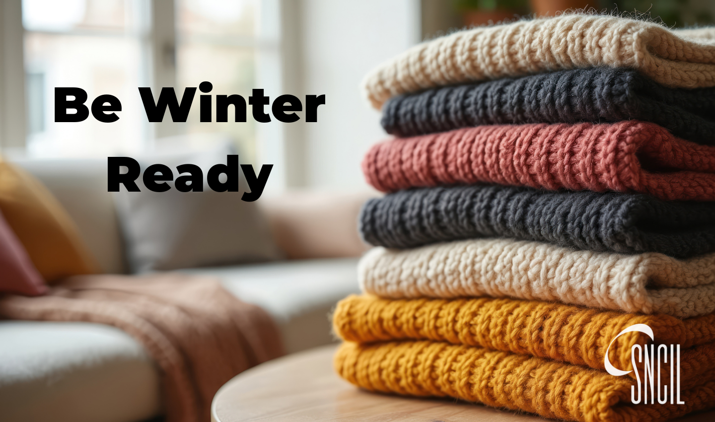Stack of sweaters next to the words: Be Winter Ready